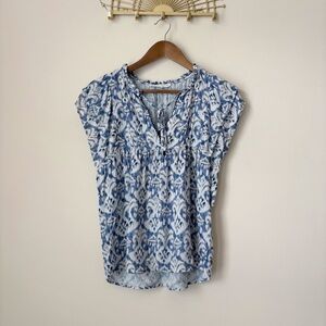 Melissa Nepton Blue Ikat Print Tie Neck Sleeveless Blouse Small Bohemian Summer